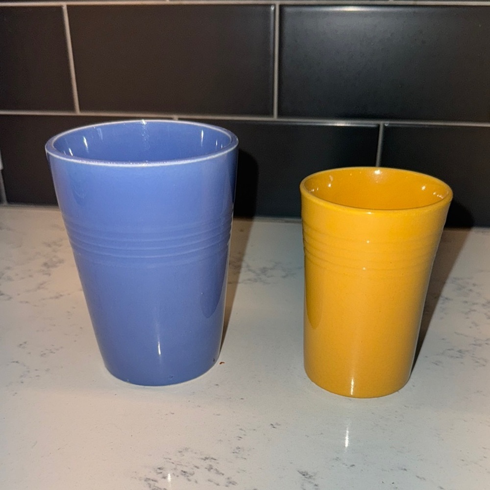 Blue Hazel Atlas Juice Glasses Blue and Yellow Ceramic Tumblers